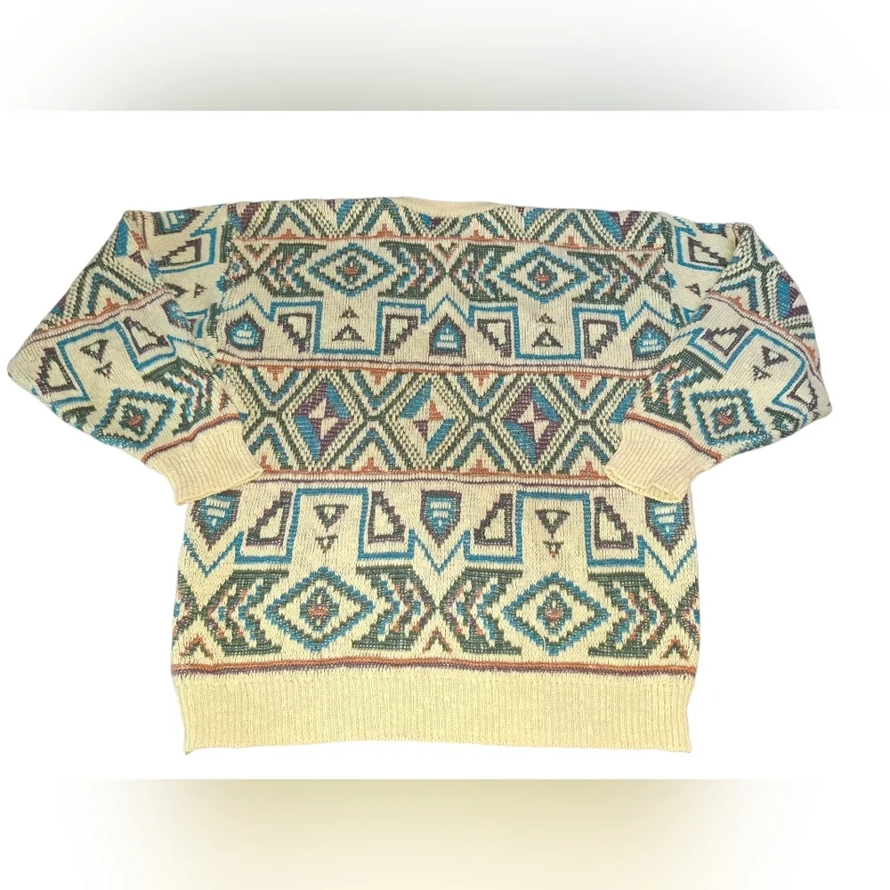 Vintage Woolrich Cream Crewneck Sweater with Teal, Navy & Brown Aztec Pattern
